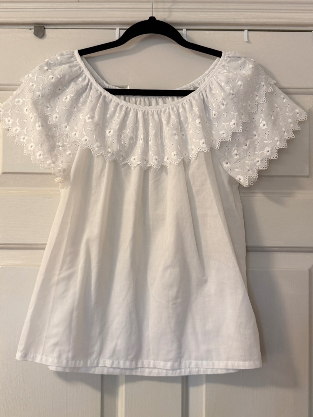 Vintage Judy Bond Petites Blouse Women's 12 White Eyelet Lace Ruffle Peasant